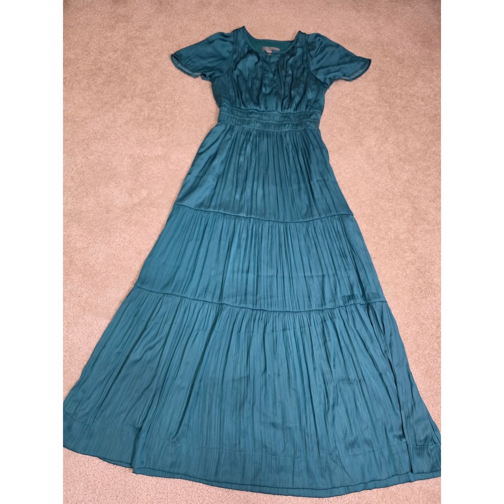Anthropologie Teal Green Pleated Smocked Waist Tiered Maxi Dress XS